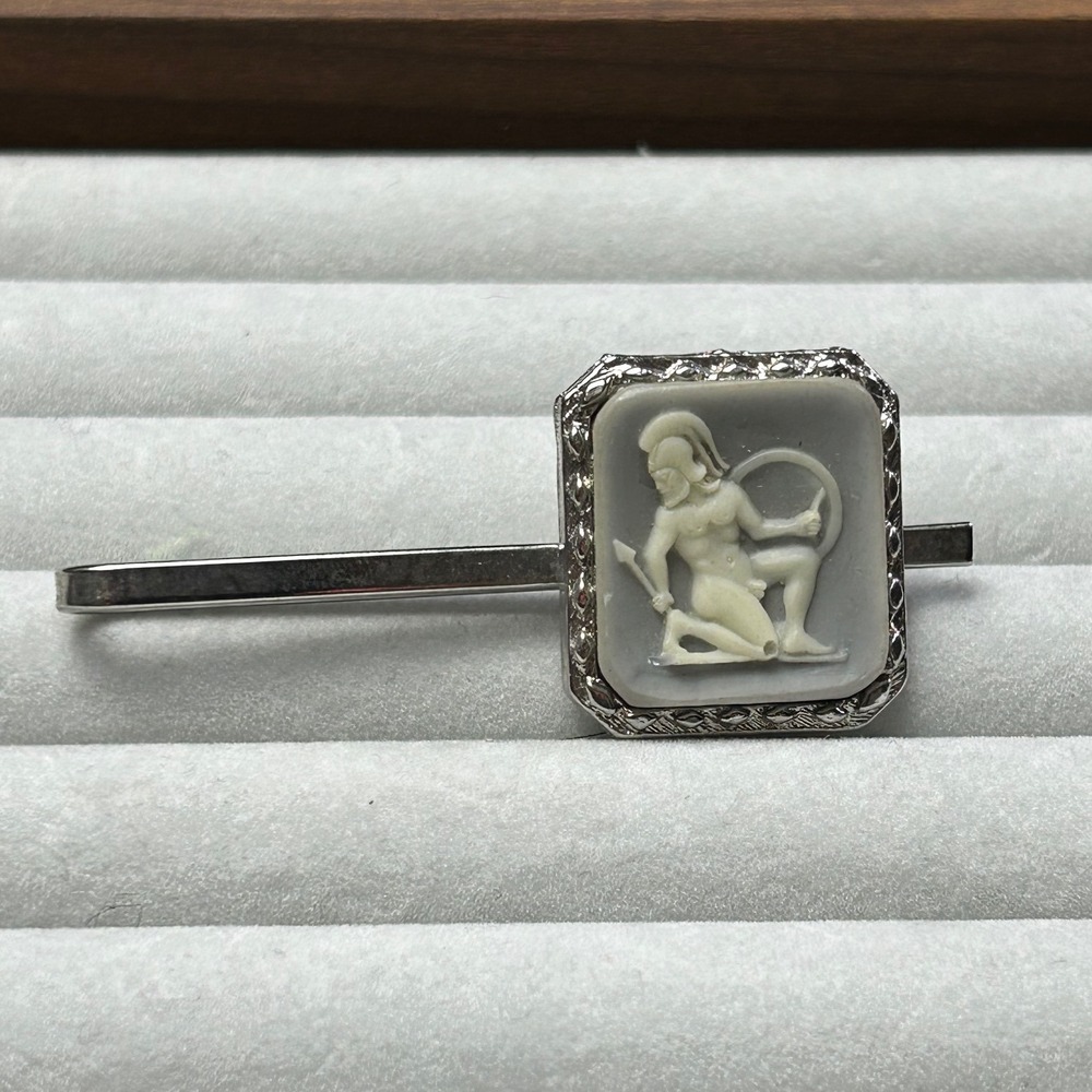 Roman Spartan Warrior Cameo Tie Bar Clip Silver Tone Vintage